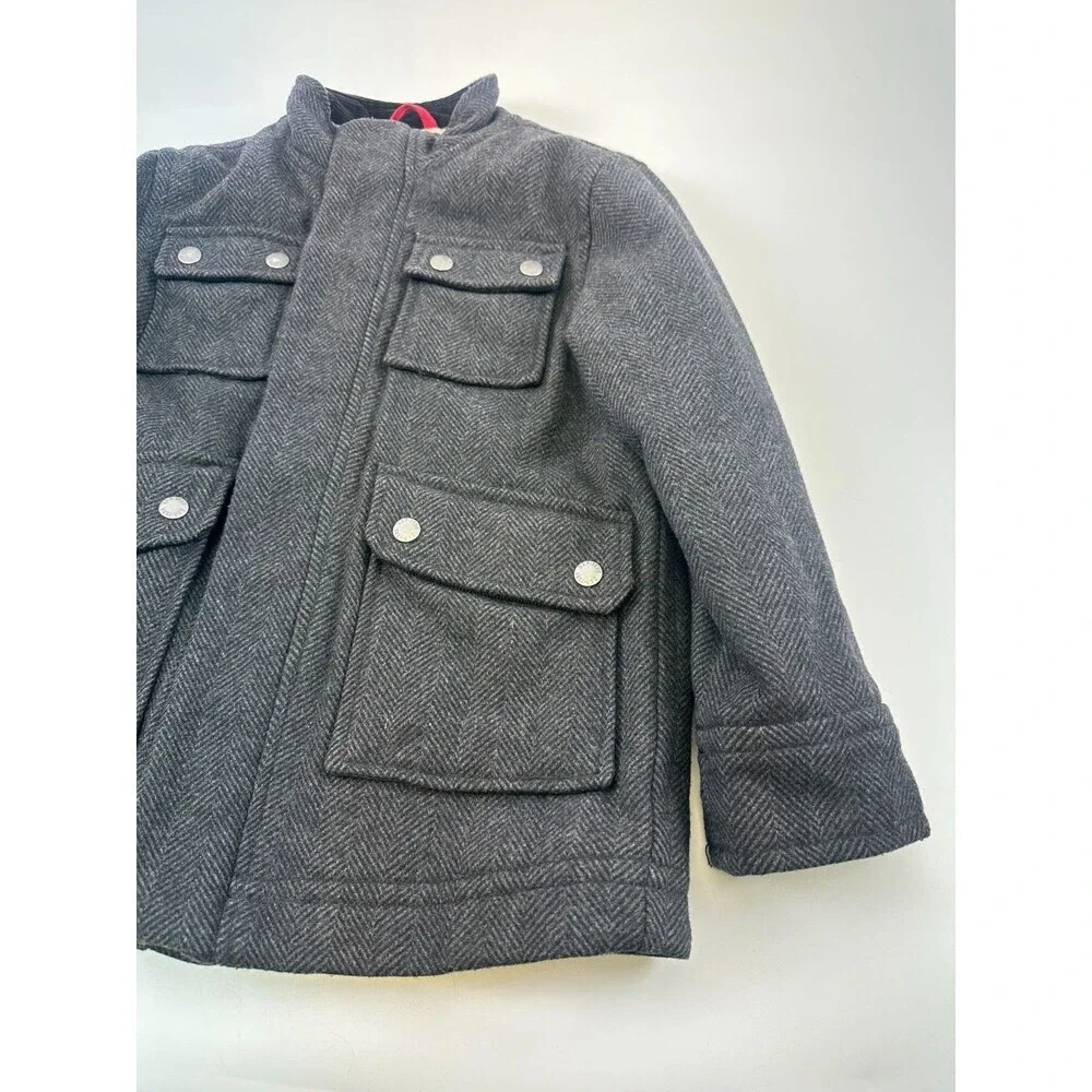 Gap Kids Boys Gray Herringbone Coat Zip Wool Blend Snap Mock Neck Kids Small 6-7
